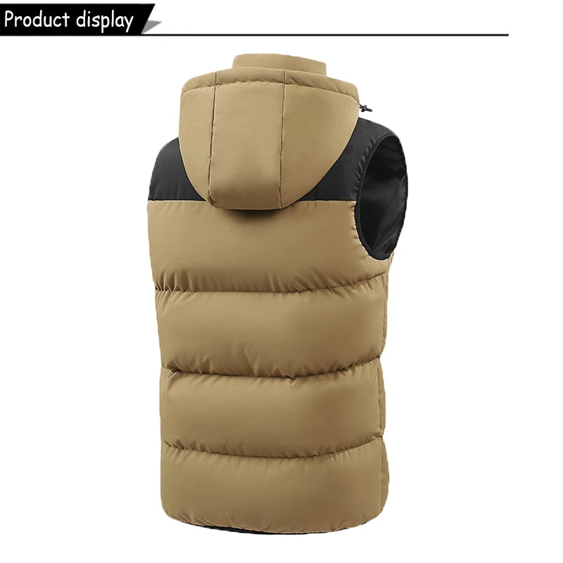 Gilet sans manches matelassé marron clair et noir, capuche, fermeture zippée centrale