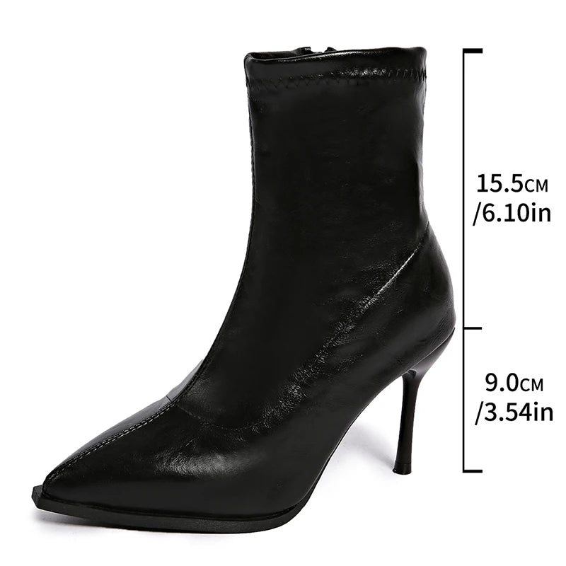 Bottines femme talon aiguille bout pointu tige mi-haute noire en cuir PU