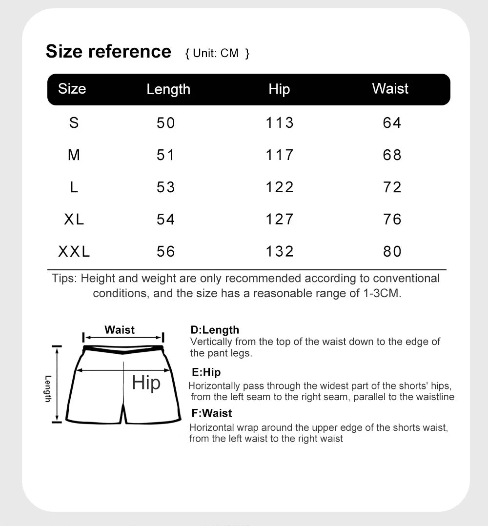 Tableau des tailles (cm) : longueur, hanches et tour de taille pour short