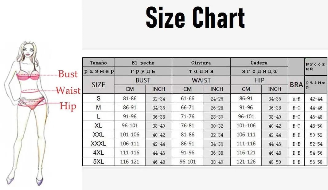 Guide des tailles pour maillot de bain, tableau des mesures en texte