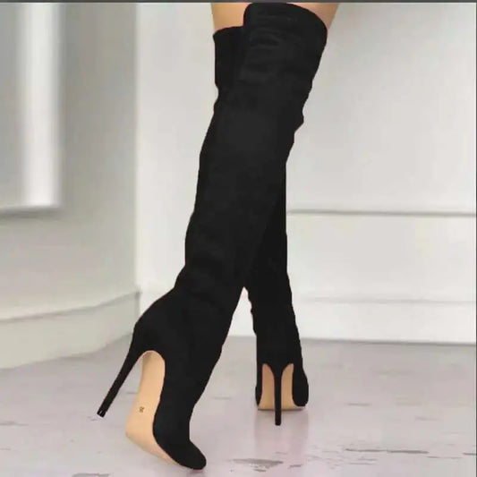 2025 Bottes pointues sexy en daim à talons hauts Bottes noires au-dessus du genou