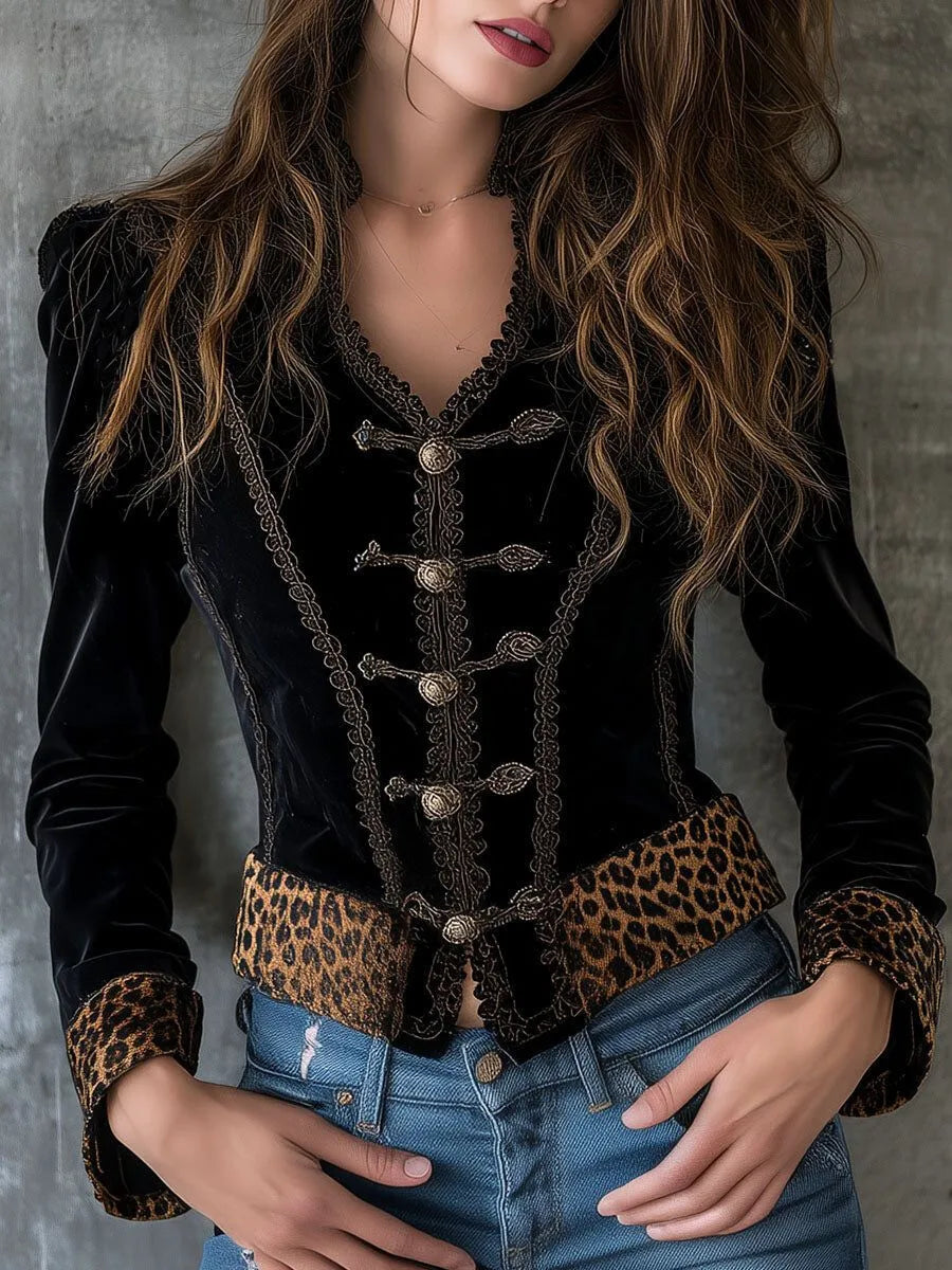 Chemisier gothique Vintage en velours pour femmes, imprimé léopard, garniture à lacets