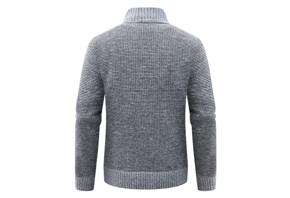 Cardigan homme en maille gris clair, col montant côtelé, manches longues, vue dos.