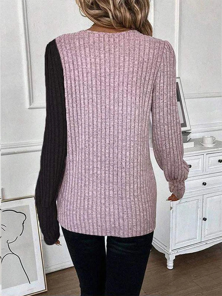 Pull Femme Col Rond Manches Longues - Rayé Couleur Contrastée Boutons
