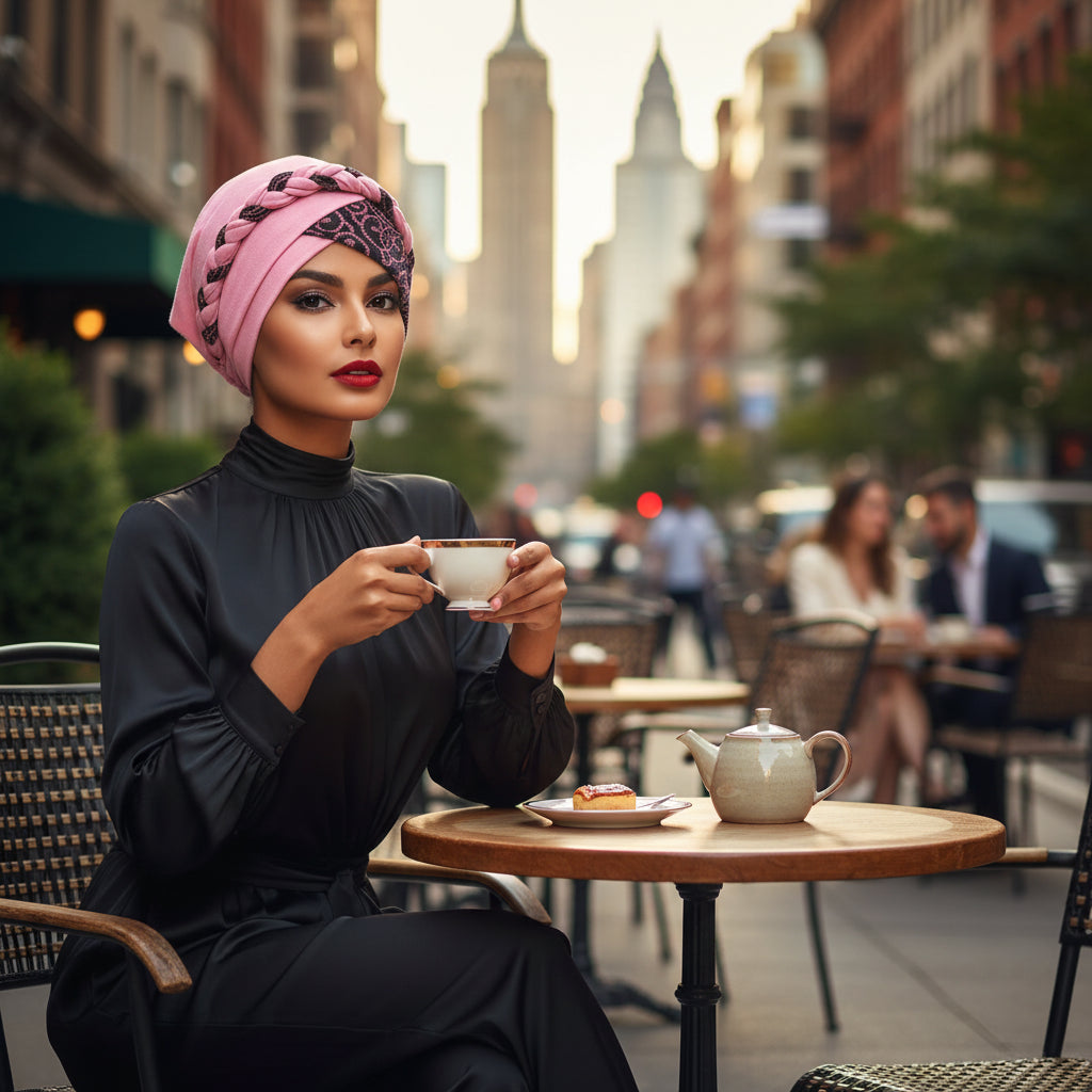 Bonnet turban tressé femme rose pâle à motifs noirs et revers décoratif.