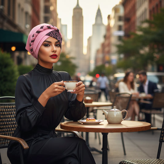 Bonnet turban tressé femme rose pâle à motifs noirs et revers décoratif.