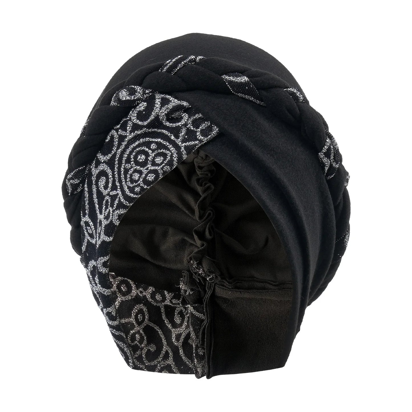 Bonnet turban tressé noir à motifs argentés, vue arrière.