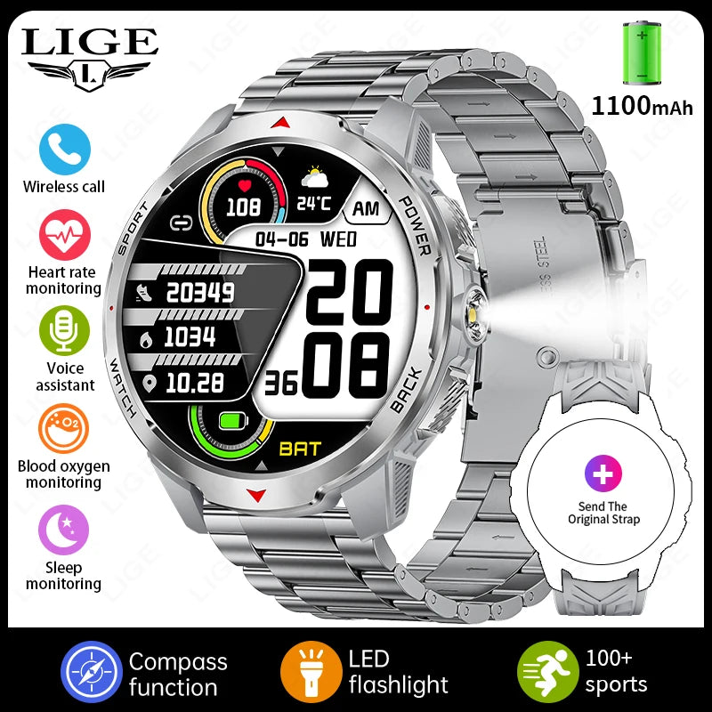 Montre Intelligente LIGE Homme 1100mAh - Boussole Outdoor 3ATM Étanche Bluetooth Fitness - MONASTORESHOP.COM