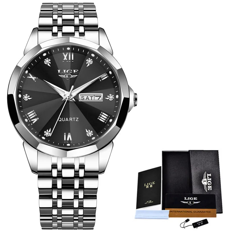 Montre Femme LIGE Acier Inoxydable - Quartz Luxe Or Noir Classique Élégante
