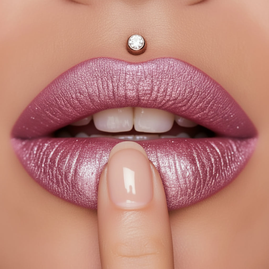 Lèvres roses mauve scintillantes à paillettes, finition brillante et hydratée
