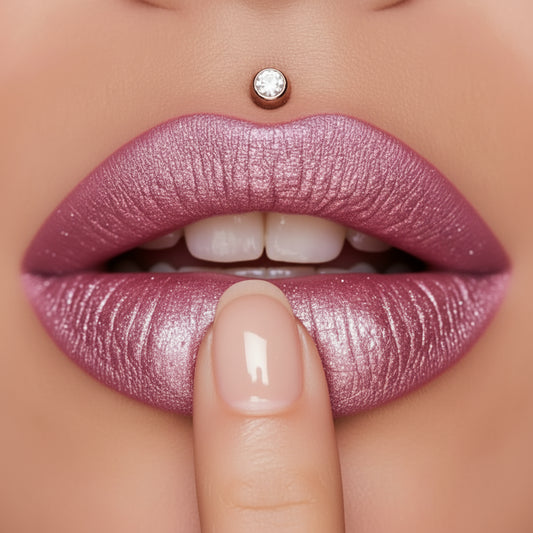 Lèvres roses mauve scintillantes à paillettes, finition brillante et hydratée