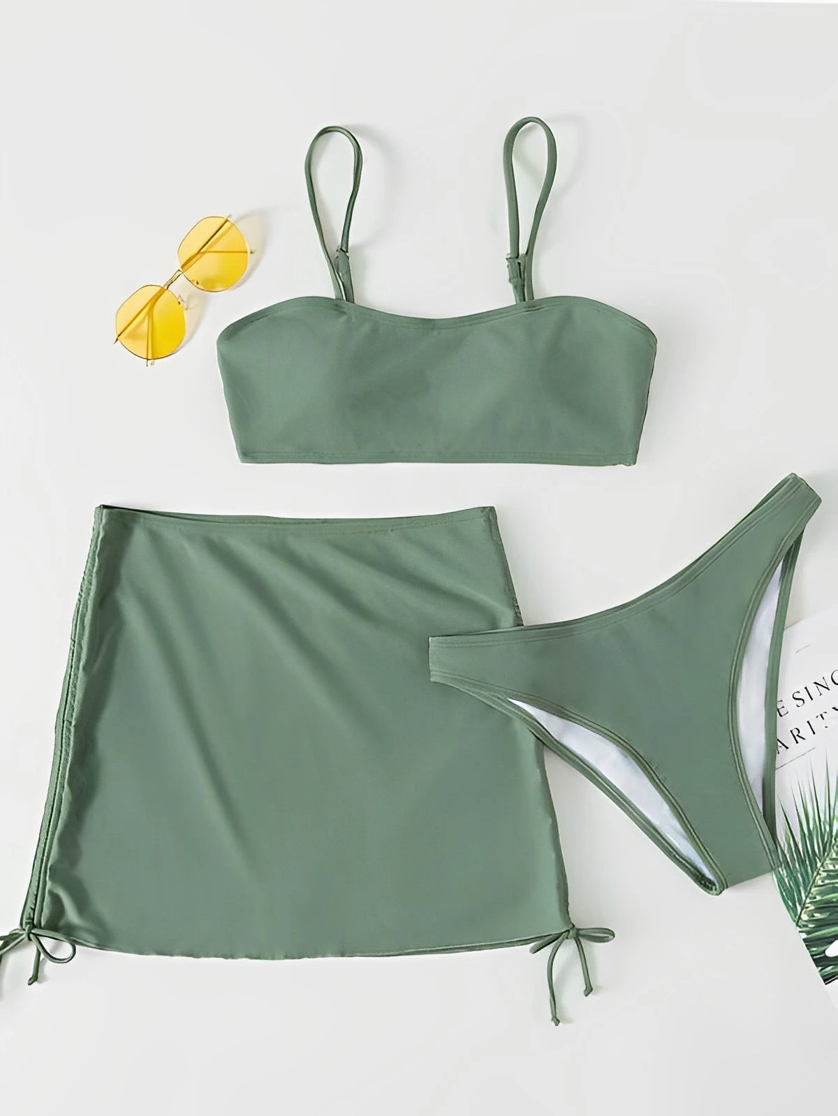 Bikini Rembourré 3 Pièces avec Jupe à Cordon - Maillot de Bain Uni Élégant