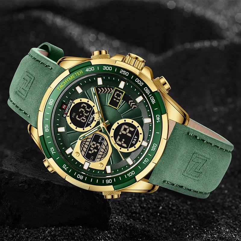Montre homme sport à cadran vert, boîtier doré, bracelet cuir vert, chronographe