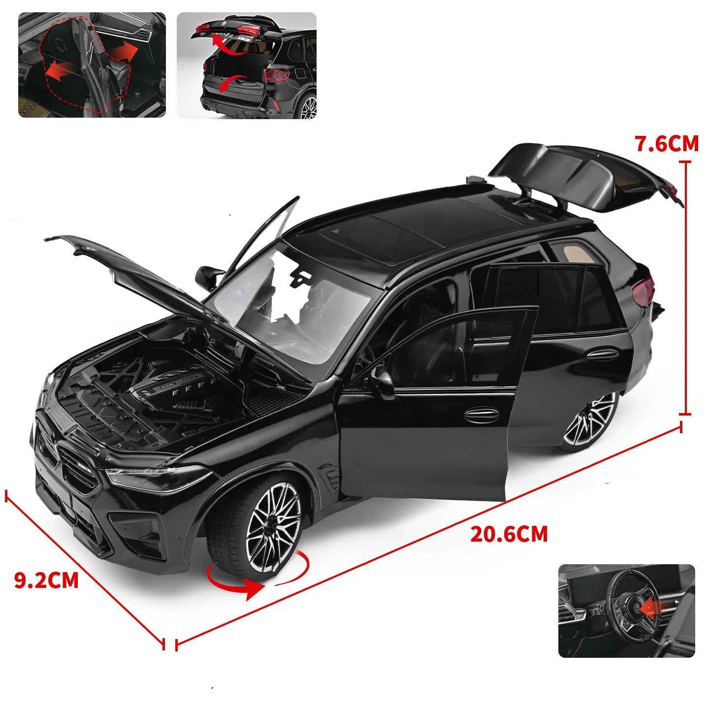 Voiture miniature BMW X5M noire 3/4, capot et coffre ouverts, jantes sport