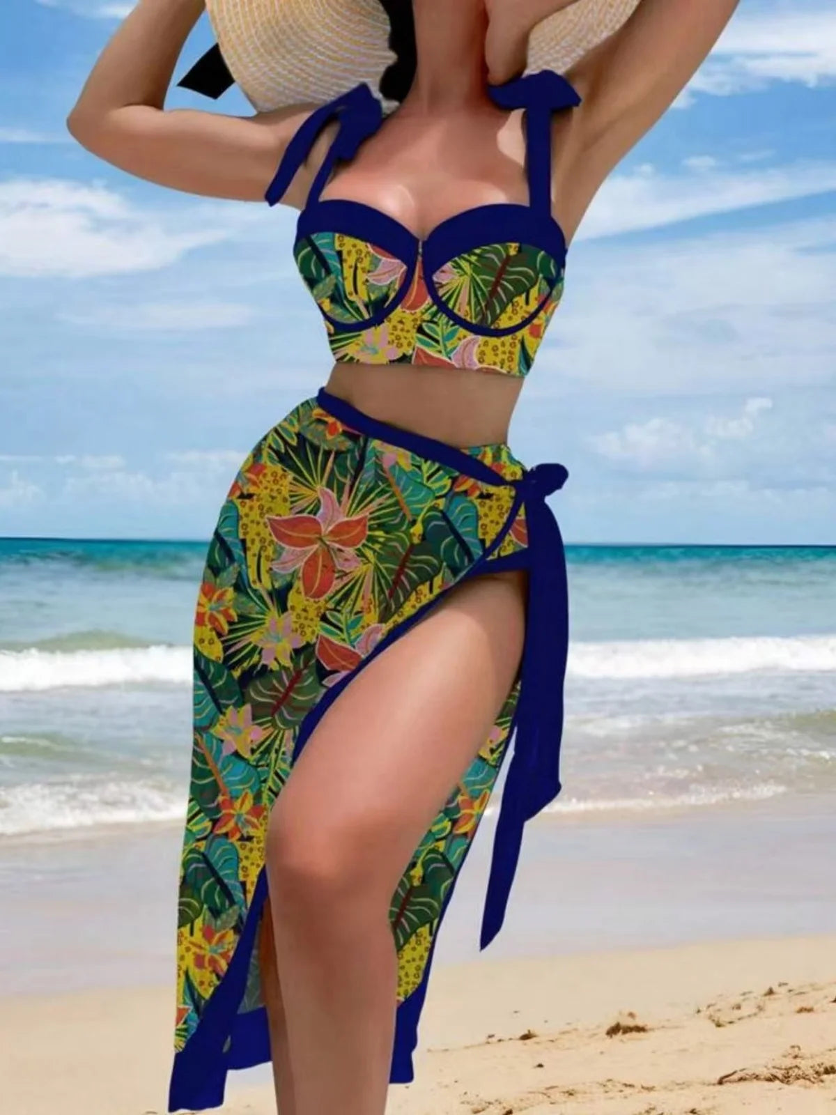 Ensemble de bikini 3 pièces taille haute à armatures, haut bleu à fleurs et jupe assortie