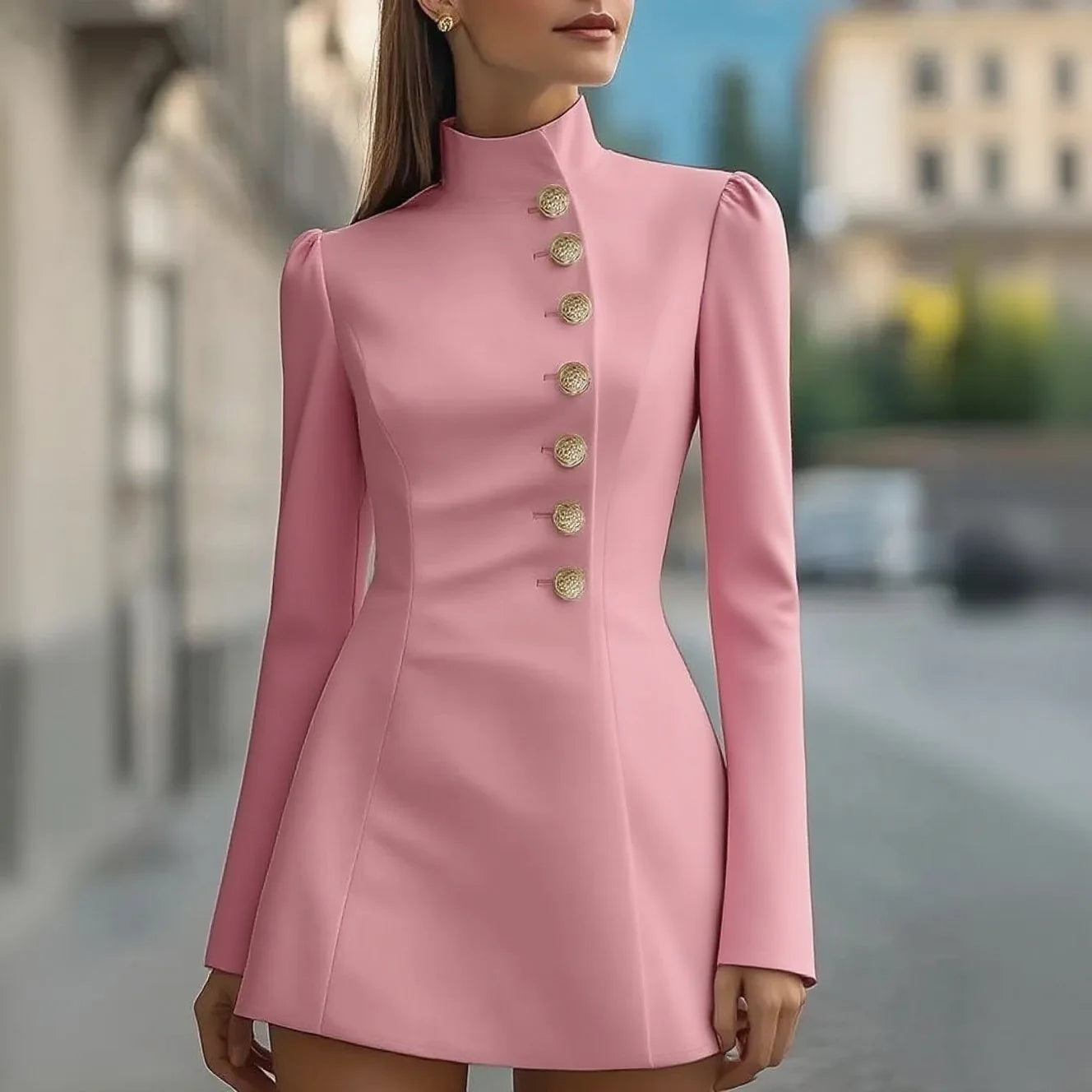 Robe rose col roulé à boutons dorés, manches longues, coupe ajustée