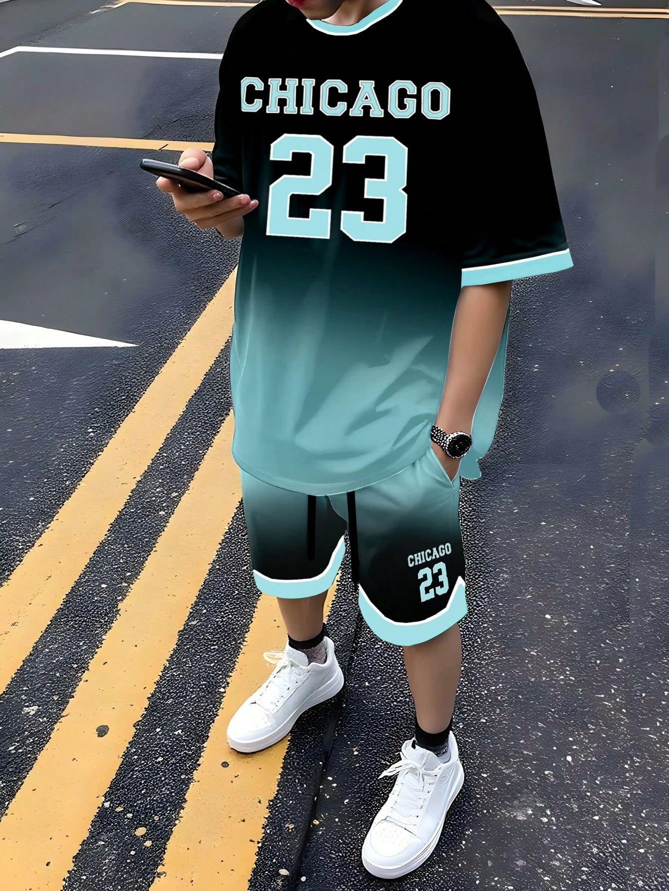 Ensemble t-shirt et short homme turquoise avec imprimé Chicago 23