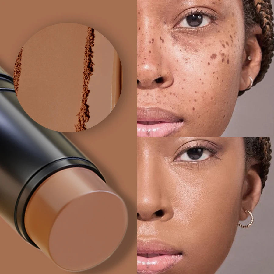 Crayon correcteur en bâton noir, capuchon beige, teinte appliquée sur le visage