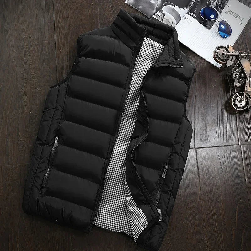 Gilet matelassé sans manches noir, fermeture zippée, col montant, poches zippées