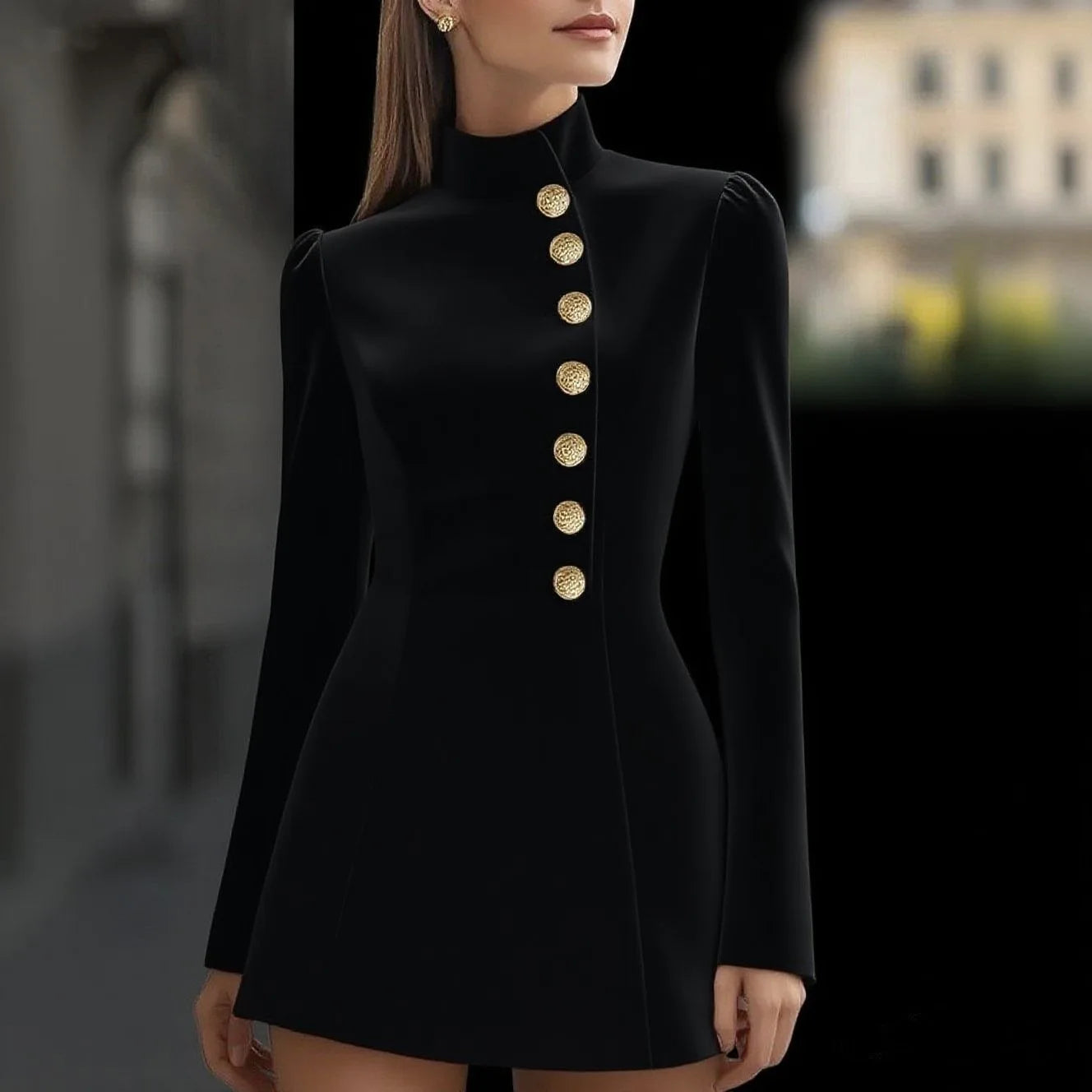 Robe noire col roulé à boutons dorés, manches longues, coupe ajustée