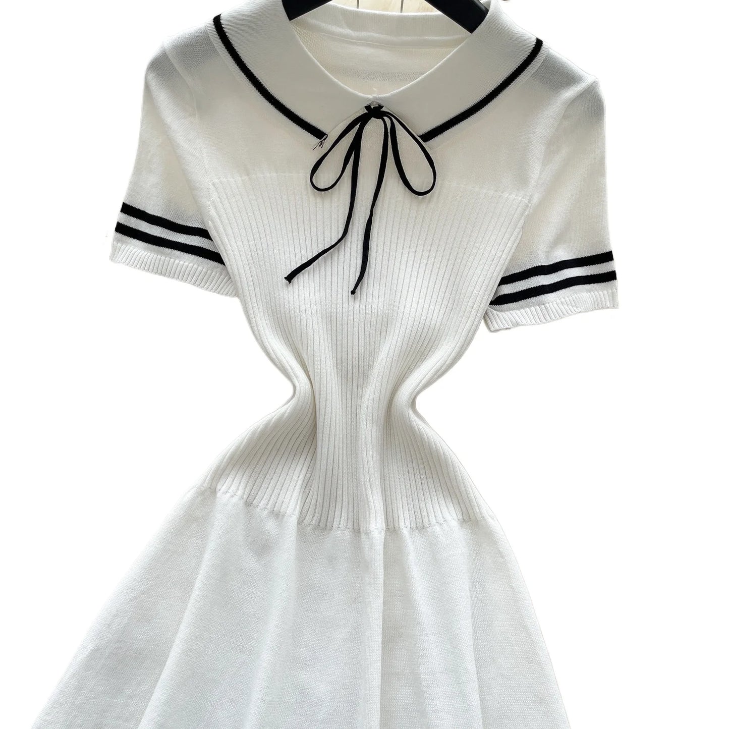 Robe Mini Col Peter Pan Tricot Cotele - Coupe Trapeze Ete