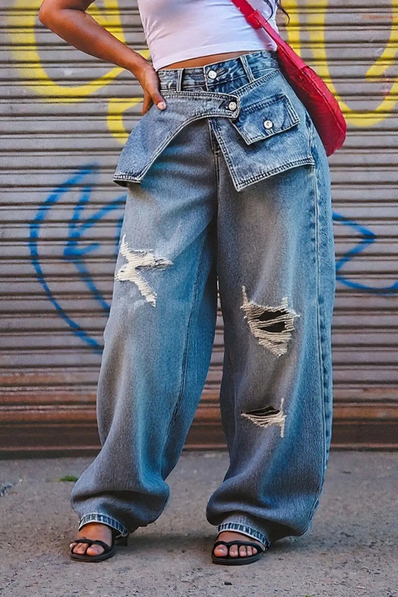 Jean Droit Dechire Femme - Coupe Ample Effet Vieilli Streetwear Vintage