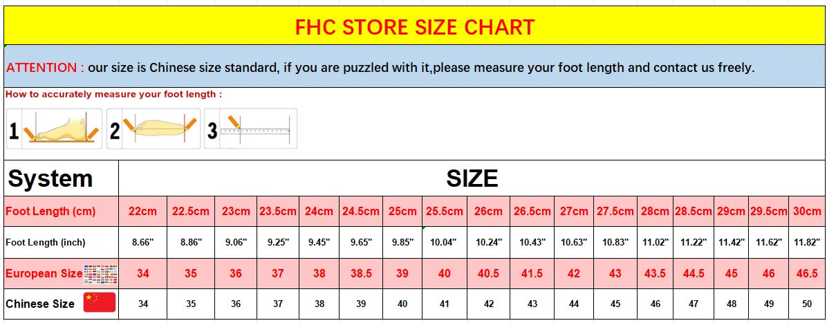 Tableau des tailles FHC STORE SIZE CHART, longueurs de pied en cm