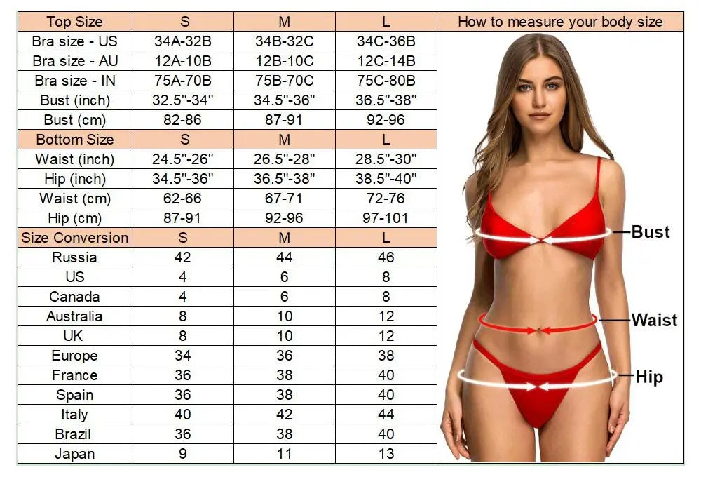 Guide des tailles bikini brésilien 2 pièces : tableau des mesures haut et bas