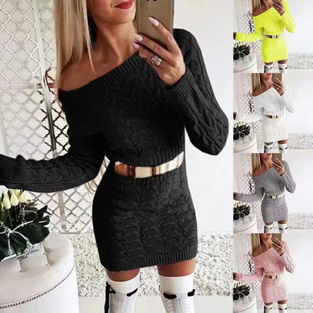 Robe Pull Courte Femme Épaule Dénudée – Coupe Ample Manches Ballon Style Décontracté