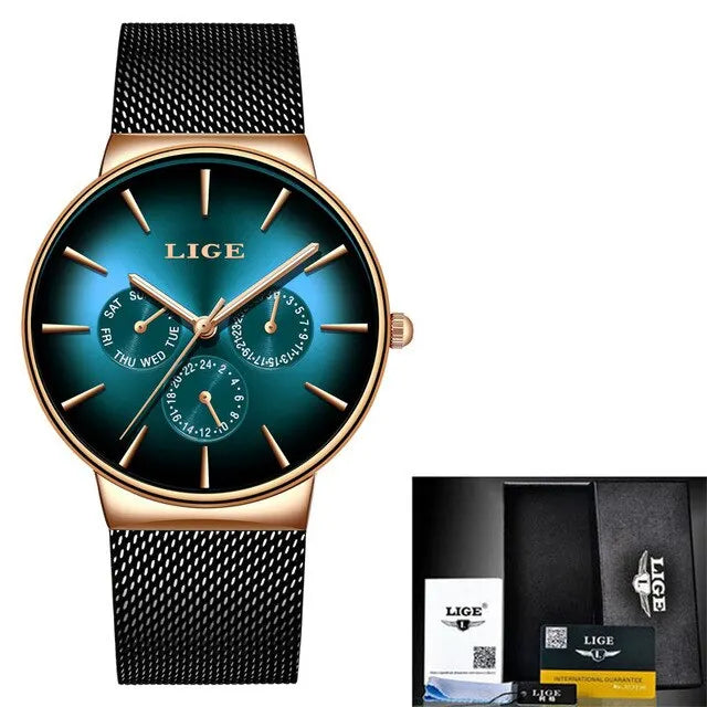 Montre Homme LIGE Luxe - Quartz Acier Maille Étanche Ultra-Fine | MONASTORESHOP.COM