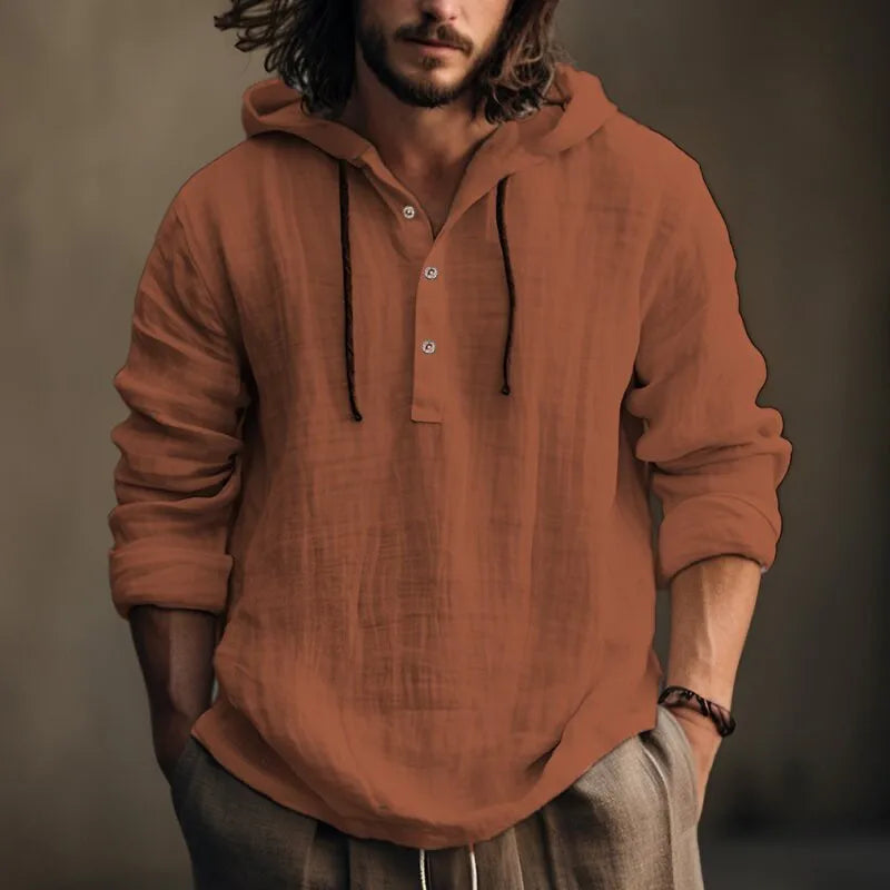 Chemise en lin homme à capuche orange, patte boutonnée et manches longues