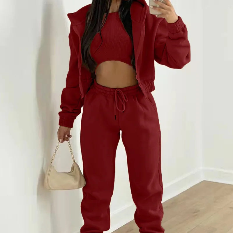Ensemble 3 Pieces Femme - Sweat Capuche Zippee Debardeur Pantalon Jogging