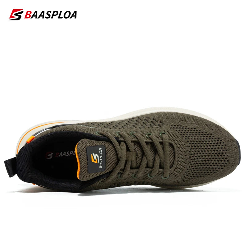 Chaussure de running homme kaki, tige en maille, semelle claire, accents orange.