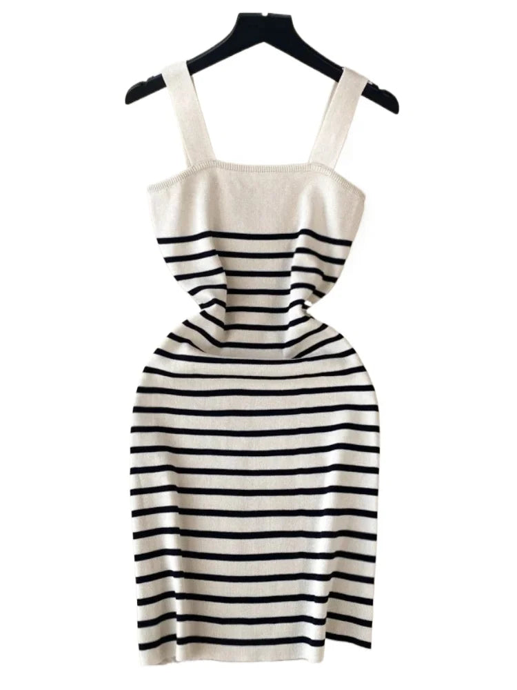Robe Mini Bretelles Col Carre Maille Cotelee - Rayee Ete