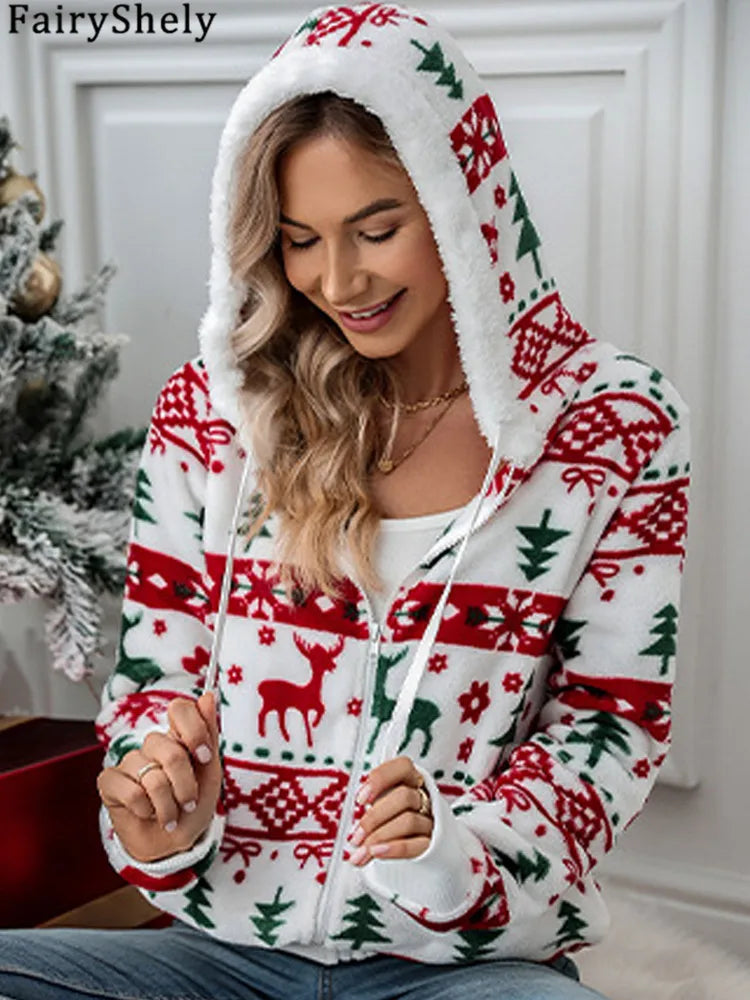 veste de noel en peluche décontracté chaud à manches longues pour femmes