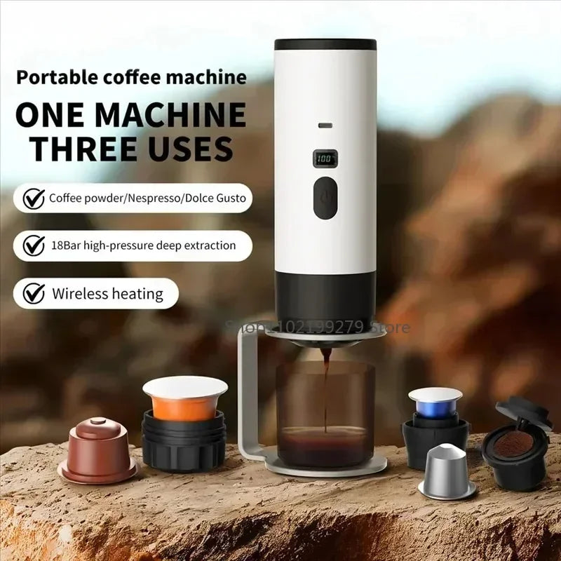 Machine à Café Expresso Électrique Portable Sans Fil - Capsules et Poudre - Camping Voyage Voiture