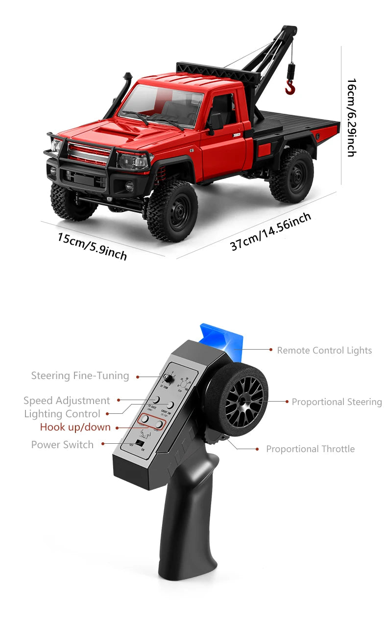 Camion RC tout-terrain rouge avec télécommande, treuil, pneus crantés, échelle 1/12