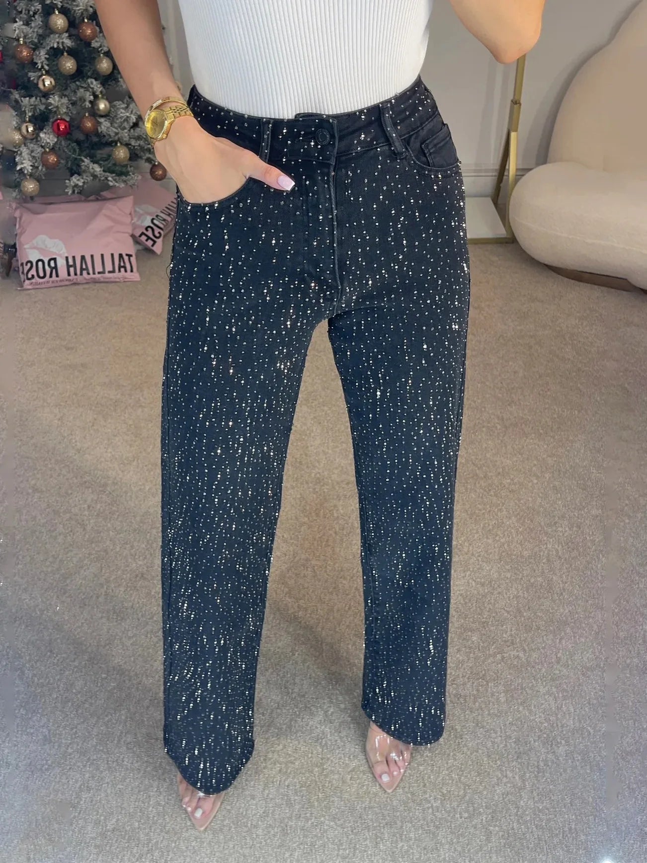 jeans droit délavé taille haute pour soirée festive