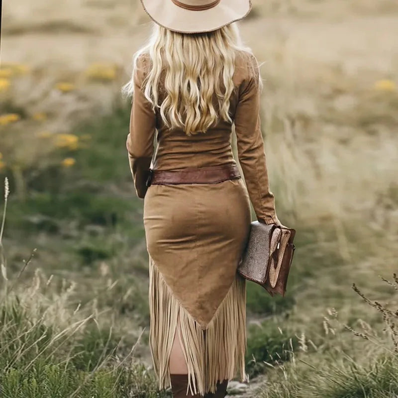 Robe Occidentale Rétro en Daim à Franges - Style Western Chic Femme
