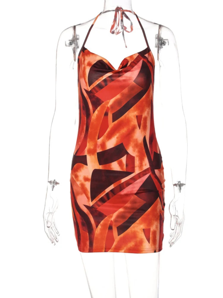 Robe moulante à bretelles nouées, orange à motifs graphiques