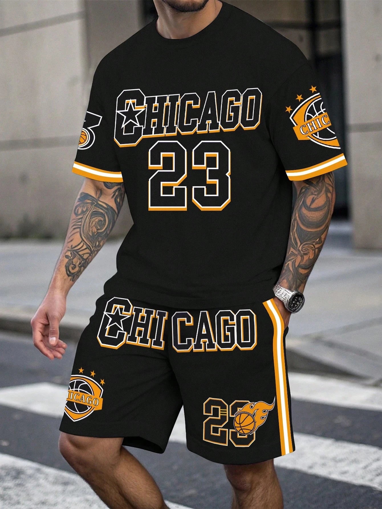 Ensemble t-shirt et short homme noir avec imprimé Chicago 23