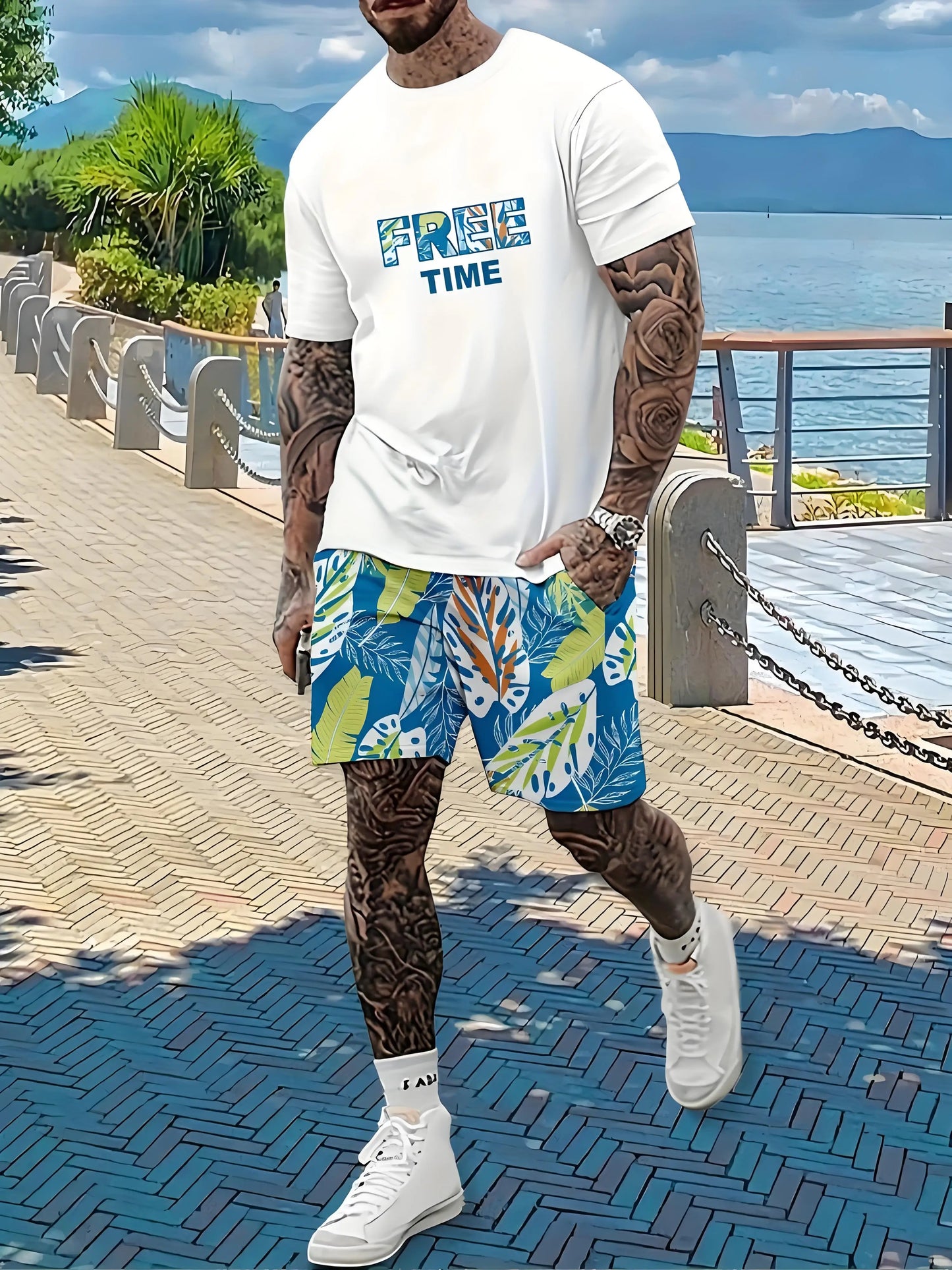Ensemble t-shirt blanc col rond à imprimé et short à motif feuilles bleu et jaune