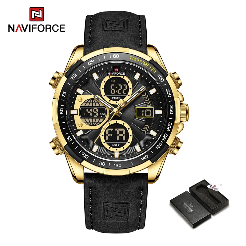 Montre homme sport cadran noir, boîtier doré, bracelet cuir noir, chronographe