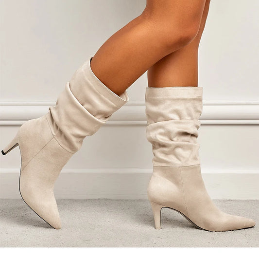 Bottines Mi-Mollet Femme Talons Fins - Boots Bout Pointu Style Western