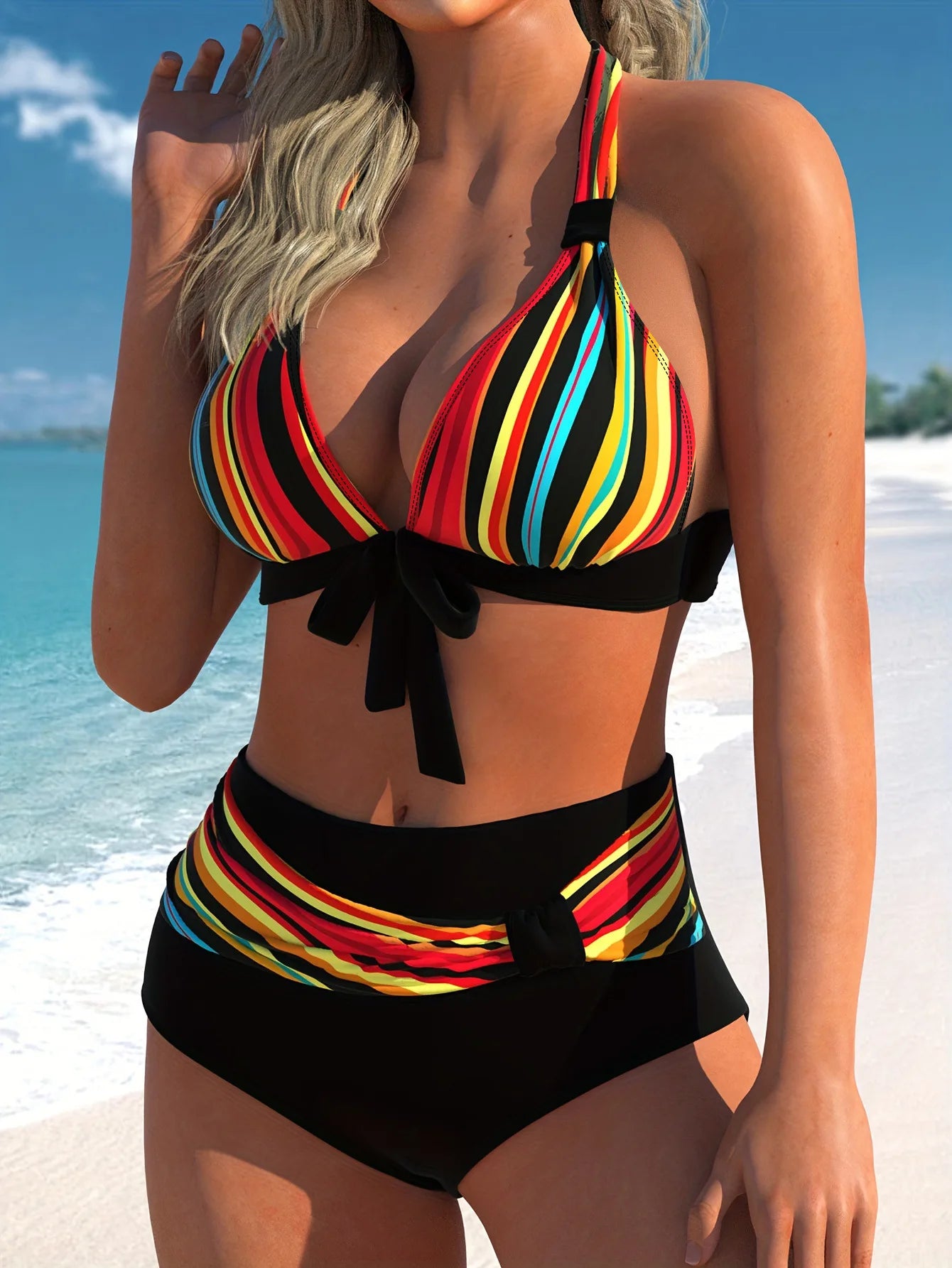 Ensemble bikini rayé patchwork, licou dos nu, nœud noir, rayures rouge et bleu multicolores