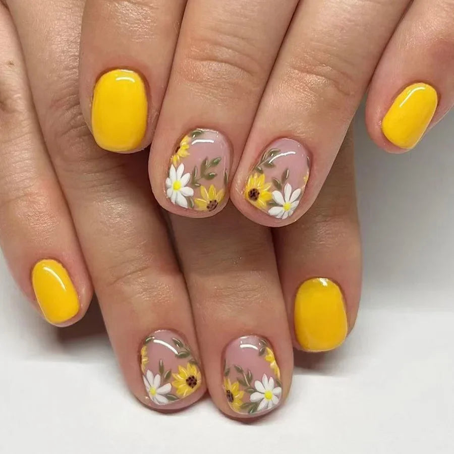 Faux ongles à pression carrée courte, fleur de Jade