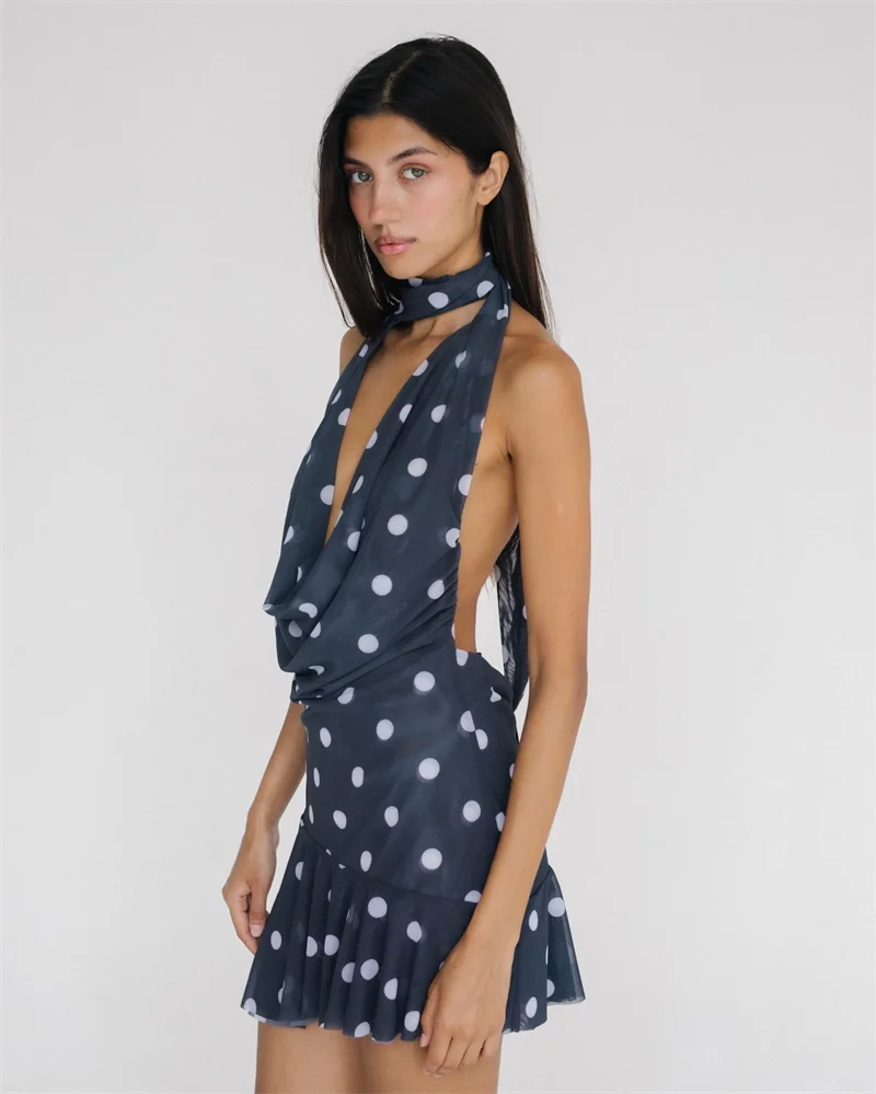 Mini Robe Maille Pois Dos Nu - Col V Profond, Sans Manches, Coupe Slim