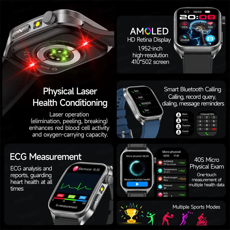 Montre Connectée Santé Thérapie Laser - ECG, Oxygène Sanguin, Acide Urique - Smartwatch Bien-être