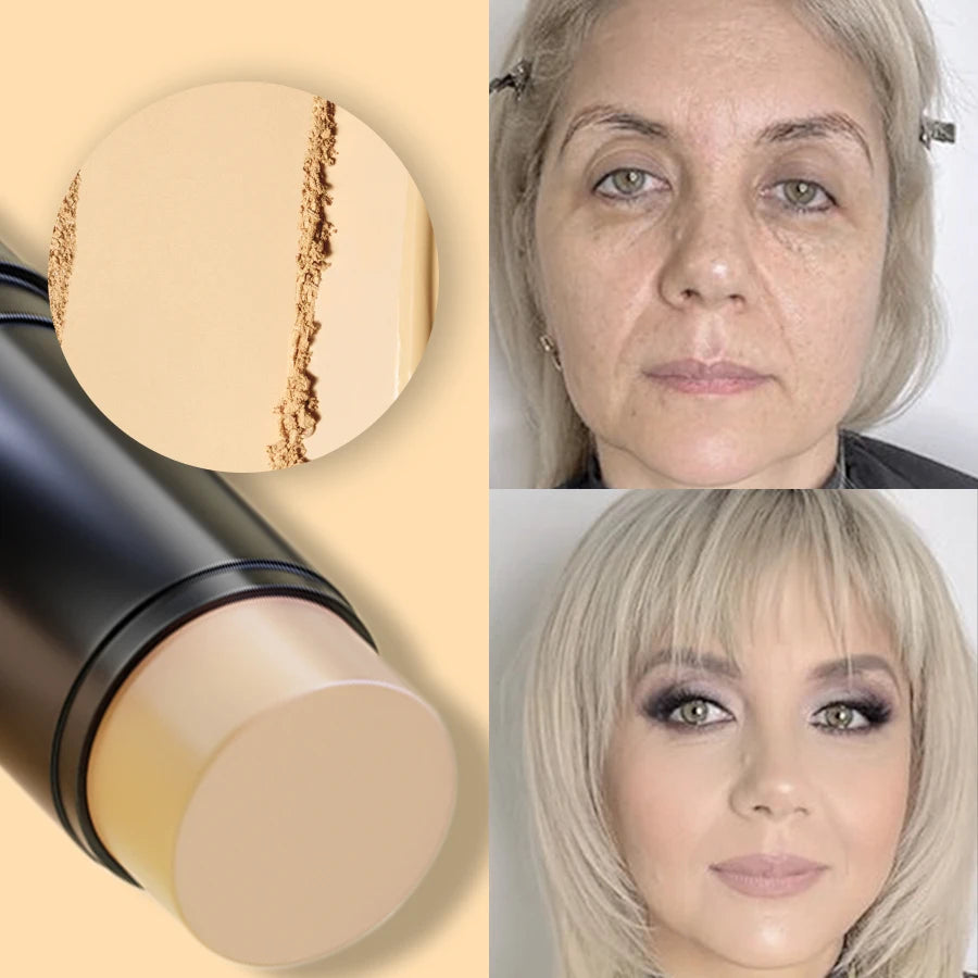 Crayon correcteur en bâton noir, capuchon beige, teinte sur peau et visage