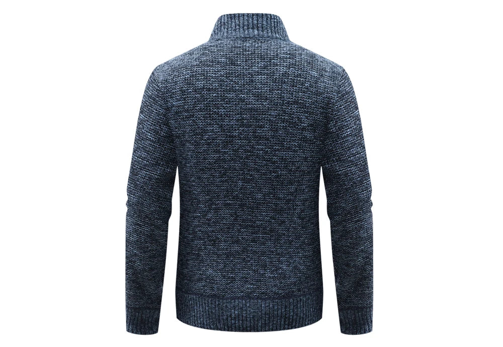 Veste cardigan homme en maille sombre, col montant côtelé, manches longues, vue dos.